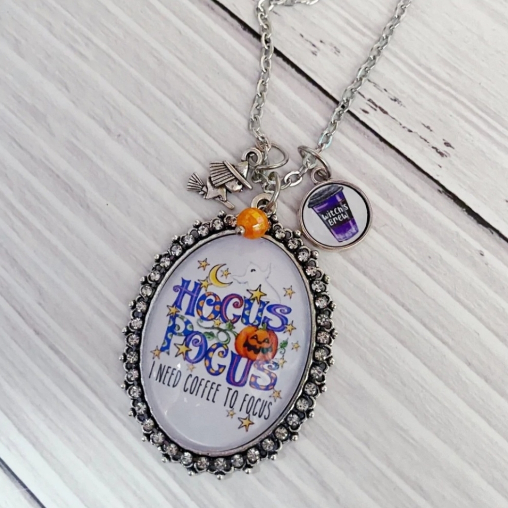Hocus Pocus I Need Coffee to Focus Halloween Necklace